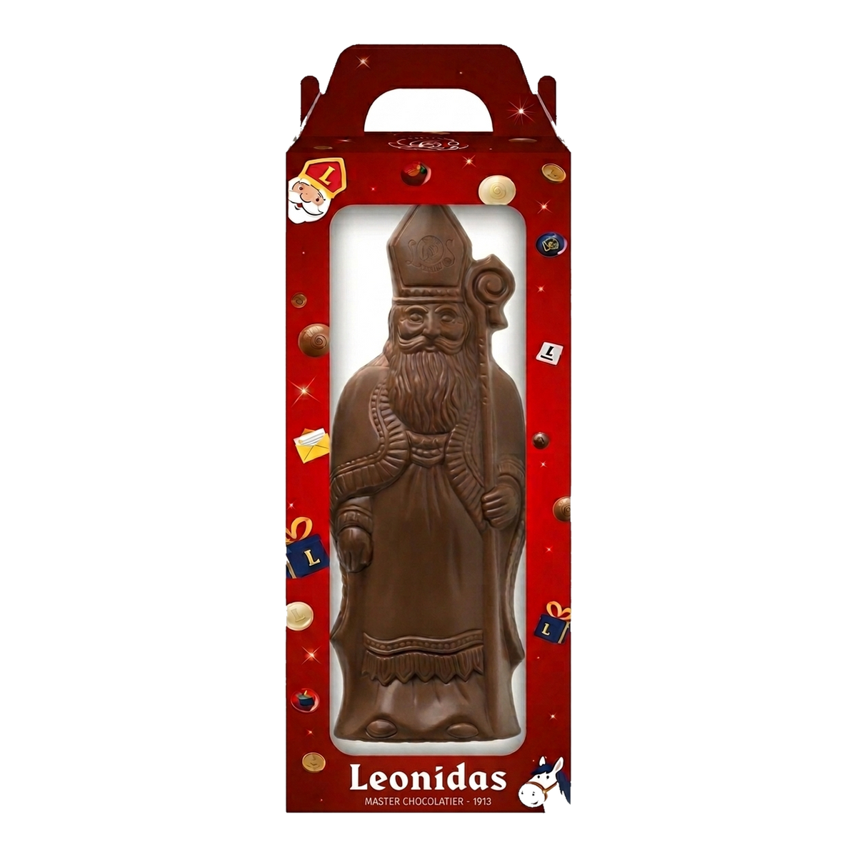 Sinterklaasfiguur 400 g in melkchocolade, vooraanzicht, transparante vierkante productafbeelding