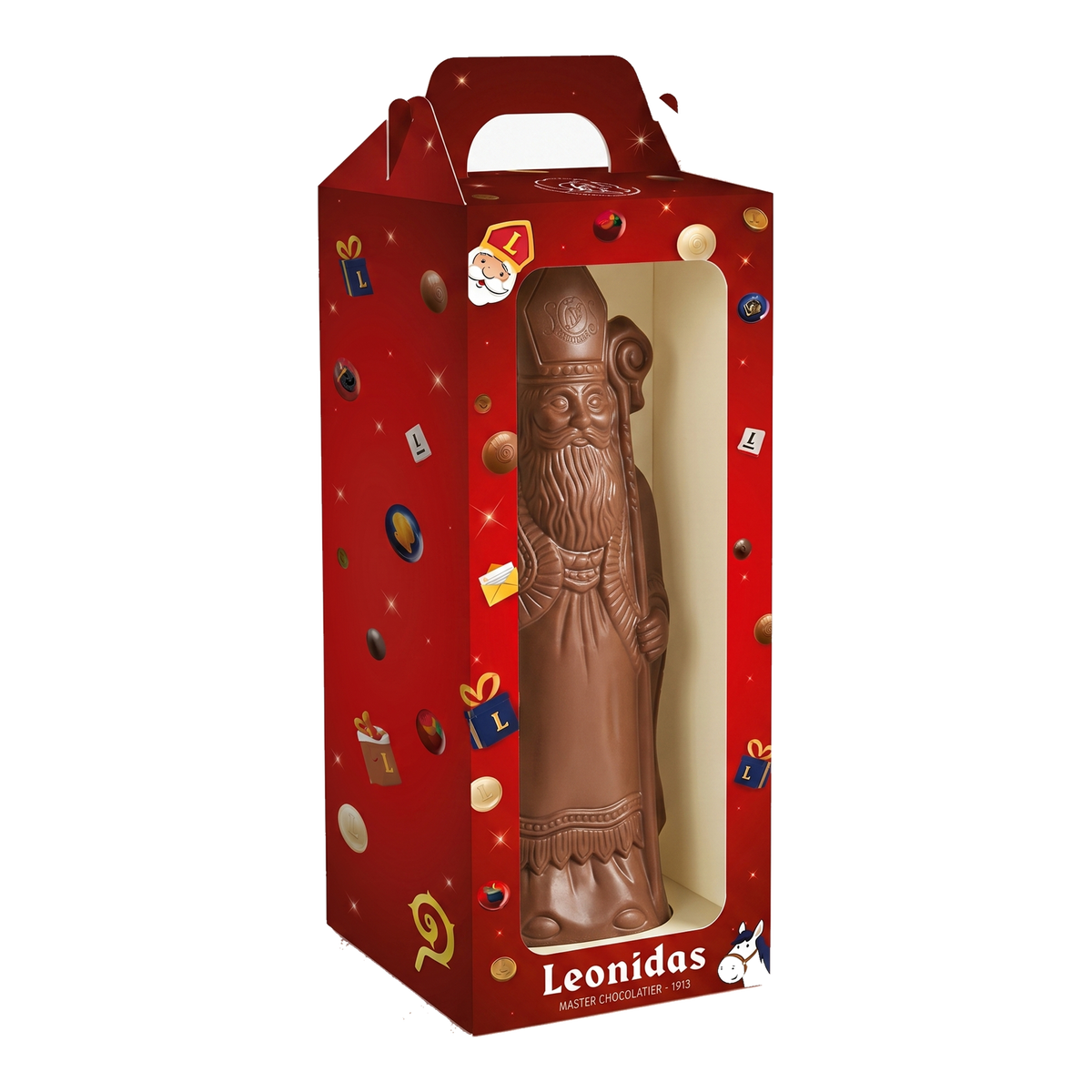 Sinterklaasfiguur 400 g in melkchocolade, driekwartaanzicht, transparante vierkante productafbeelding