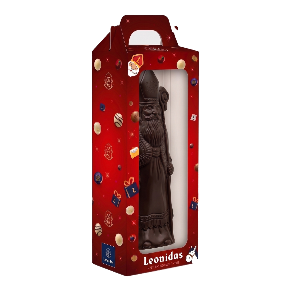 Sinterklaasfiguur 400 g in pure chocolade, vooraanzicht, transparante vierkante productafbeelding