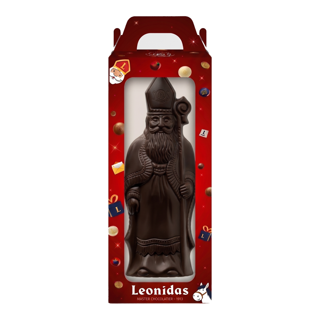 Sinterklaasfiguur 400 g in pure chocolade, driekwartaanzicht, transparante vierkante productafbeelding