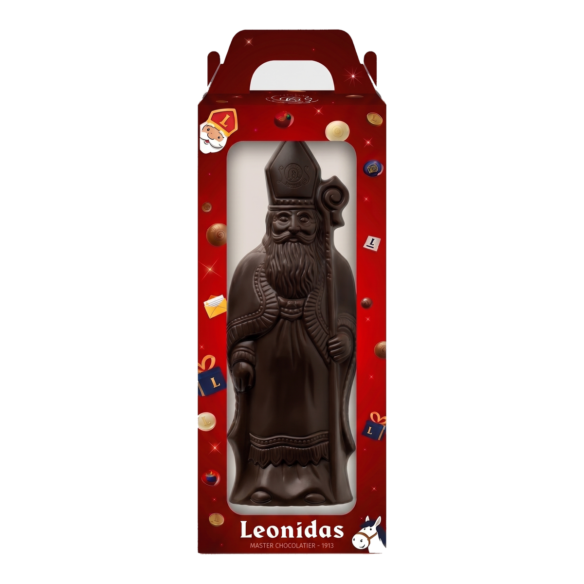 Sinterklaasfiguur 400 g in pure chocolade, driekwartaanzicht, transparante vierkante productafbeelding