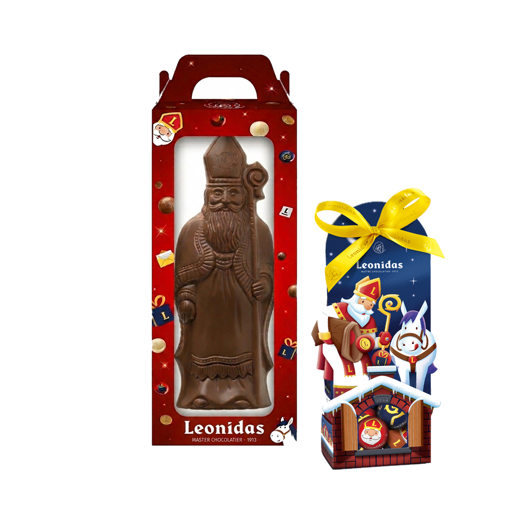 Sinterklaaspakket L met Sinterklaasfiguur in melkchocolade, vooraanzicht, transparante vierkante productafbeelding