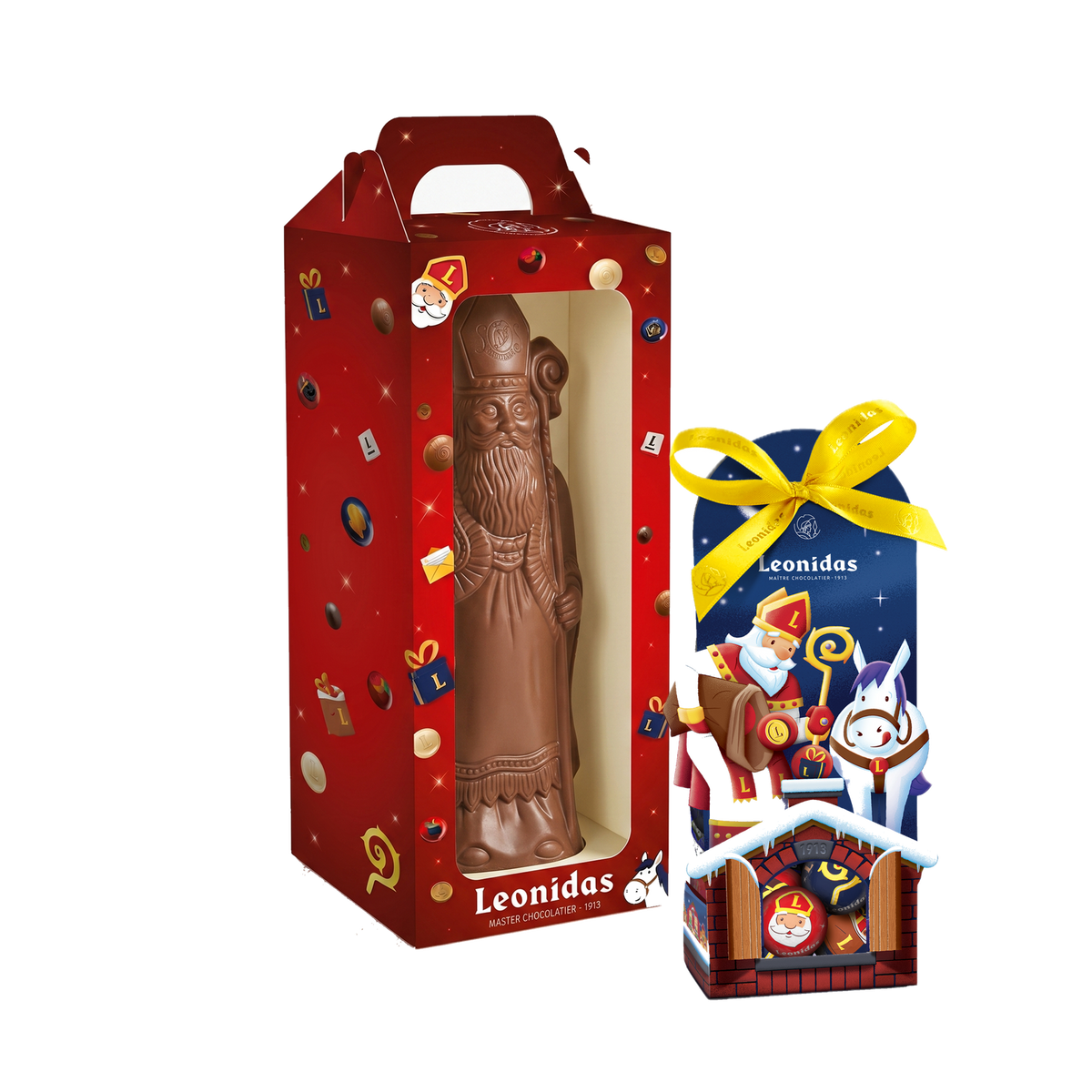 Sinterklaaspakket L met Sinterklaasfiguur in melkchocolade, driekwartaanzicht, transparante vierkante productafbeelding