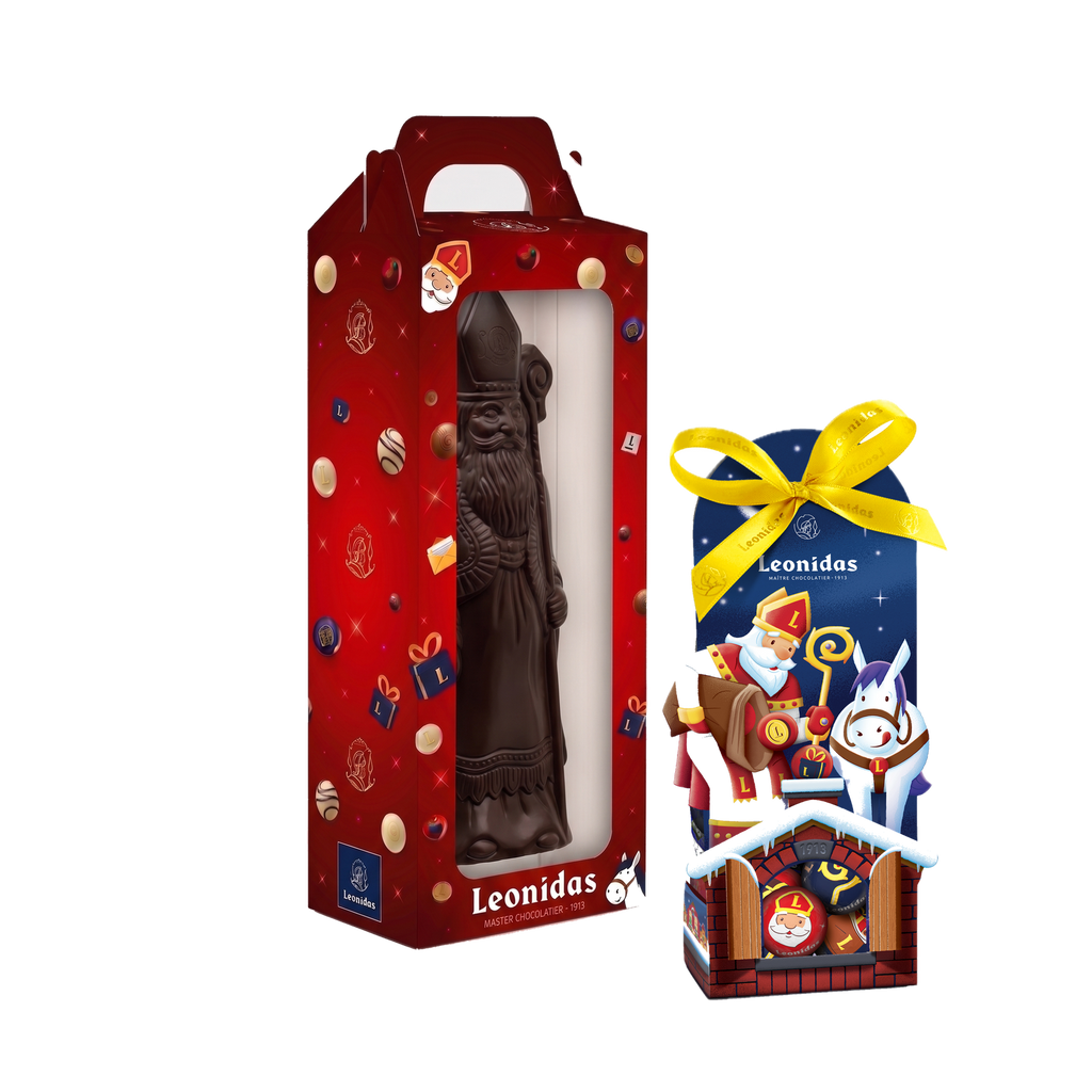 Sinterklaaspakket L met Sinterklaasfiguur in pure chocolade, vooraanzicht, transparante vierkante productafbeelding