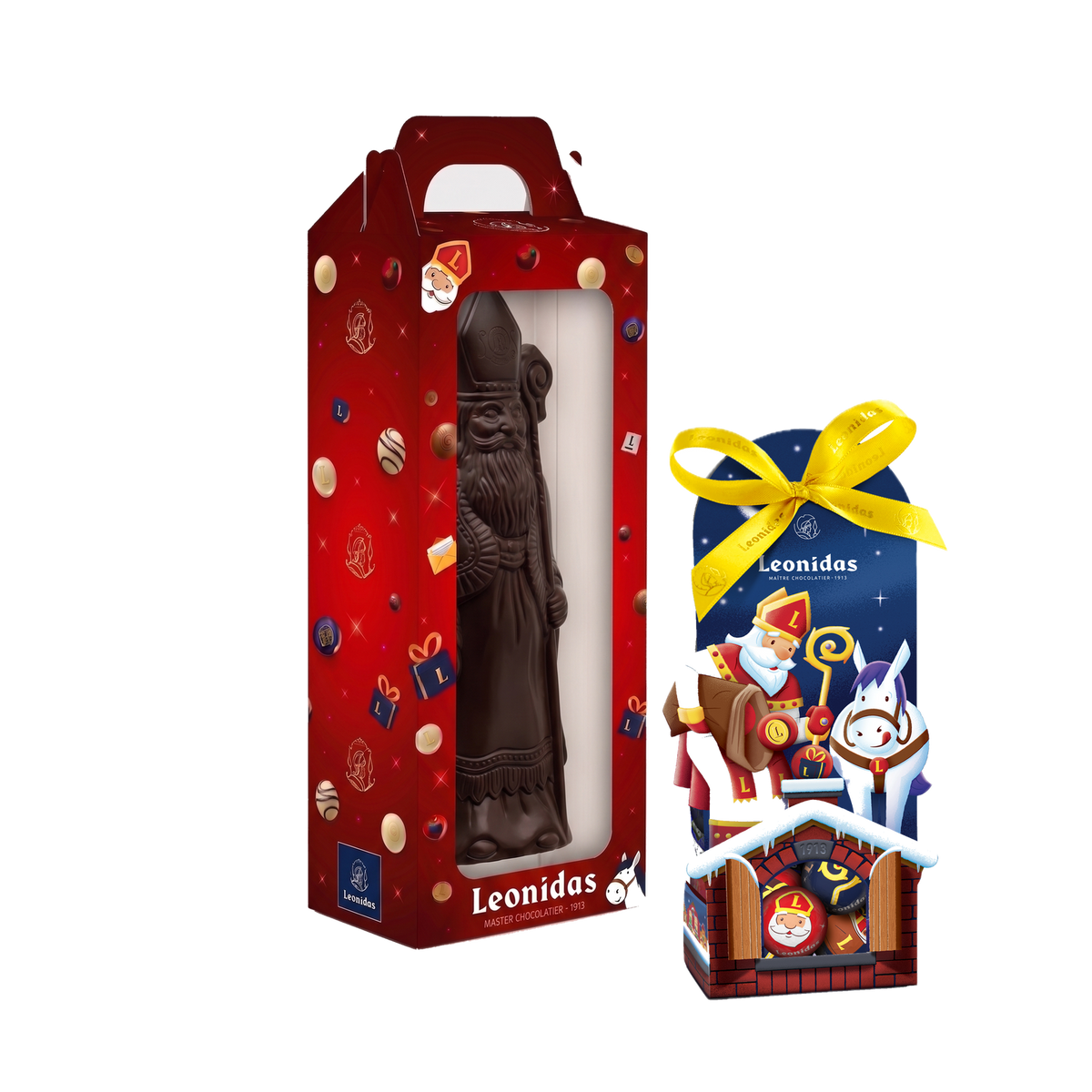 Sinterklaaspakket L met Sinterklaasfiguur in pure chocolade, vooraanzicht, transparante vierkante productafbeelding