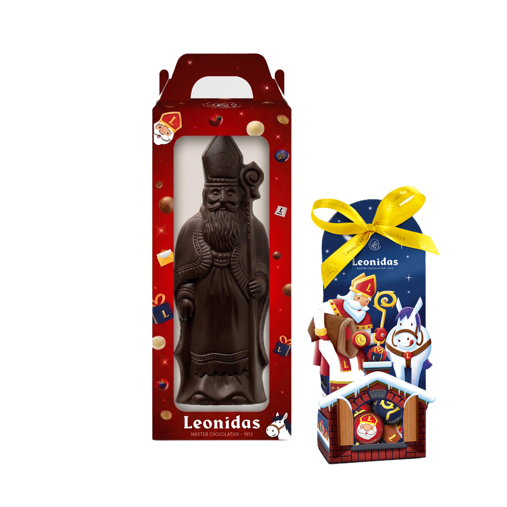 Sinterklaaspakket L met Sinterklaasfiguur in pure chocolade, driekwartaanzicht, transparante vierkante productafbeelding