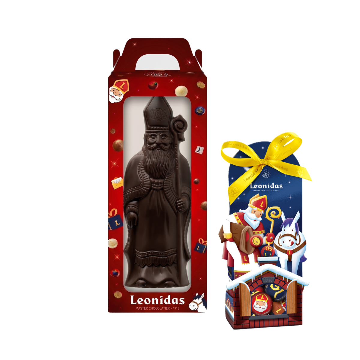 Sinterklaaspakket L met Sinterklaasfiguur in pure chocolade, driekwartaanzicht, transparante vierkante productafbeelding