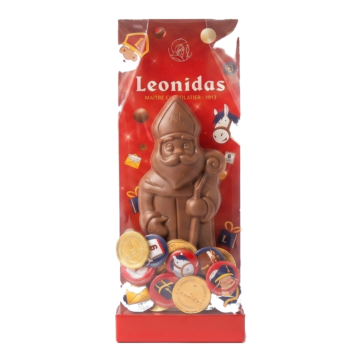 Sinterklaaspakket M met Sinterklaasfiguur in melkchocolade, transparante vierkante productafbeelding