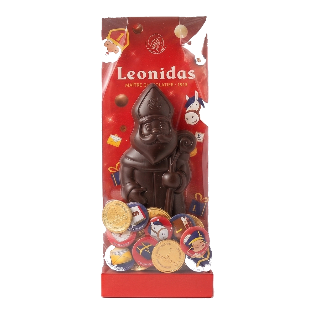 Sinterklaaspakket M met Sinterklaasfiguur in pure chocolade, transparante vierkante productafbeelding