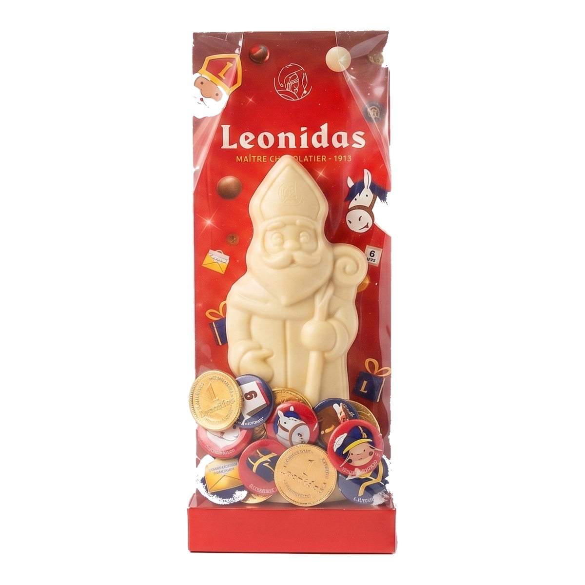Sinterklaaspakket M met Sinterklaasfiguur in witte chocolade, transparante vierkante productafbeelding